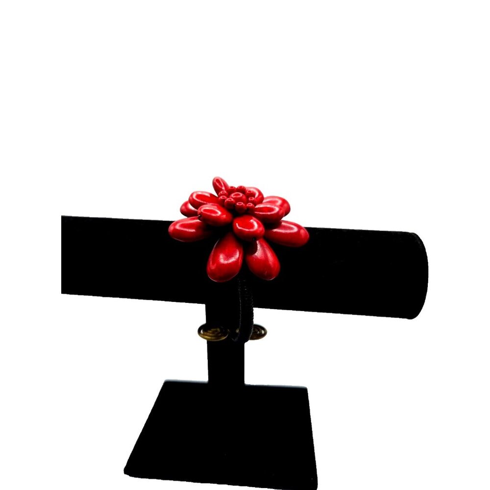 Amazing Red Leather Floral Bracelet Cuff with brass wrapped in black silk vintag